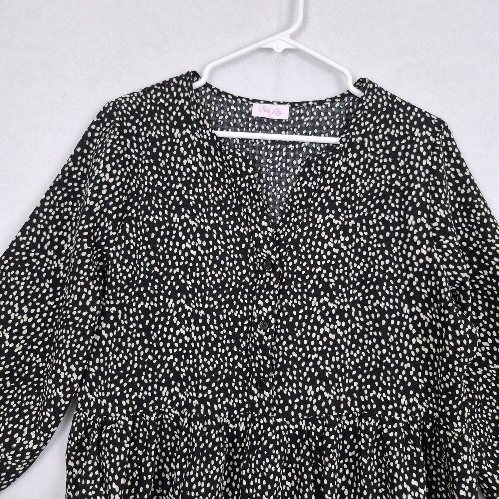 Pink Lily Large Black White Oversized Tiered Boho Dress Midi Feminine Cottage - Picture 2 of 10